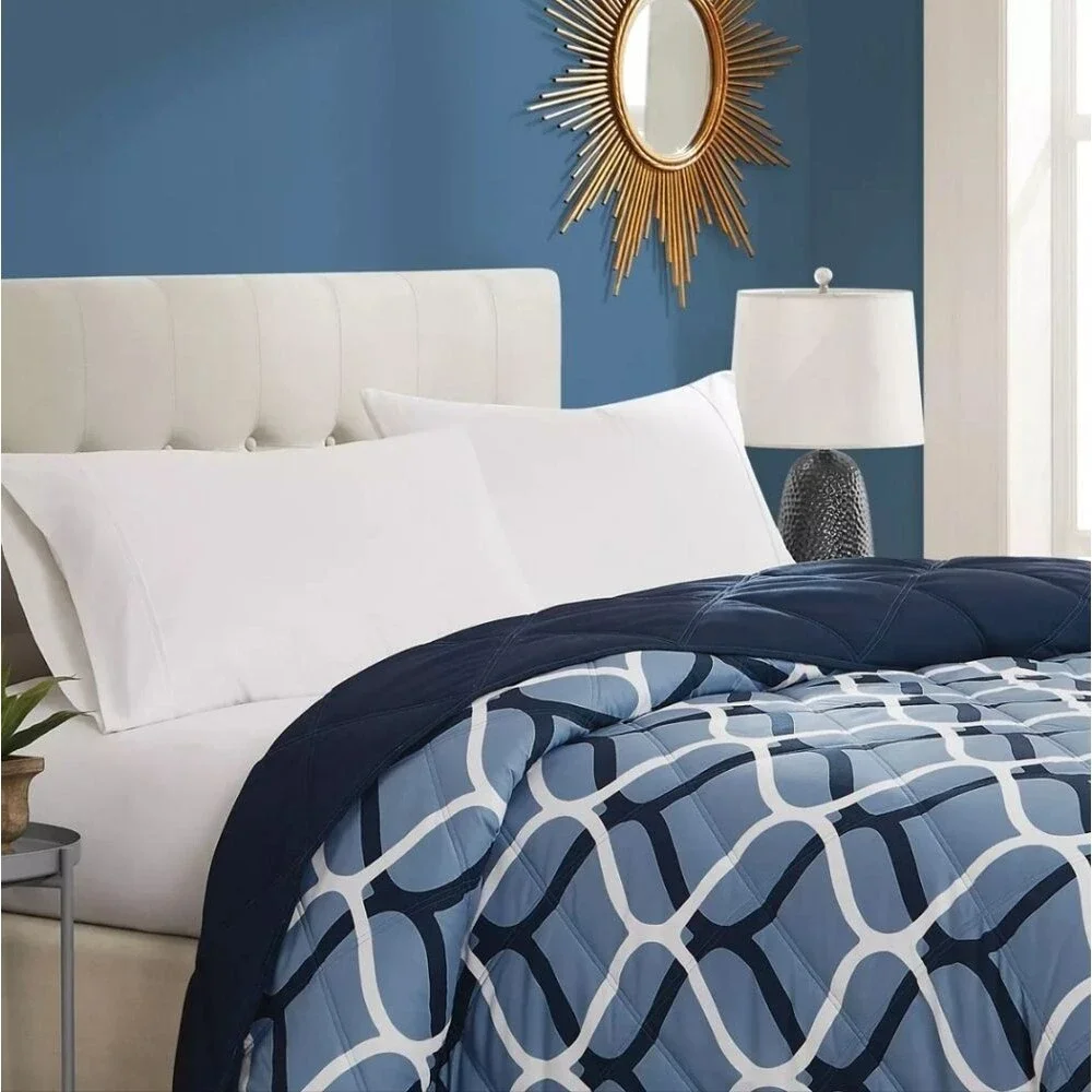 SEASONS Queen Alternative Down Diamond Quilted Reversible Comforter Navy Blue